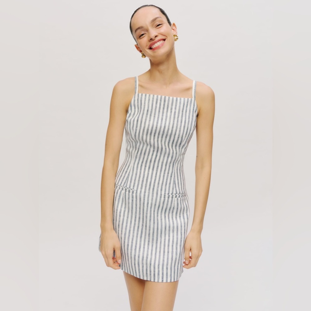 NEW Reformation Phillipa Linen Mini Dress in Antibes Stripe Blue White | sz 4 - Picture 2 of 12